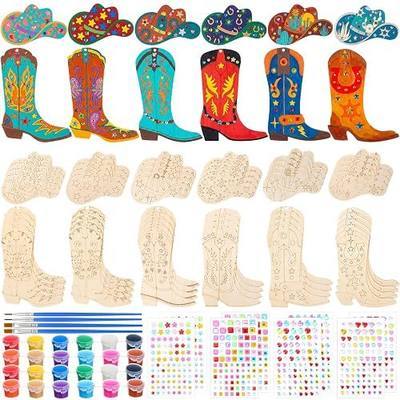 Blueweenly 48 Pcs Rodeo Themed Cowboy Party Favors Wood DIY Crafts, Unfinished Rodeo Western Crafts Wooden Ornaments for Western Theme Birthday Party Classroom DIY Activities (Cowboy Hat and Boot)