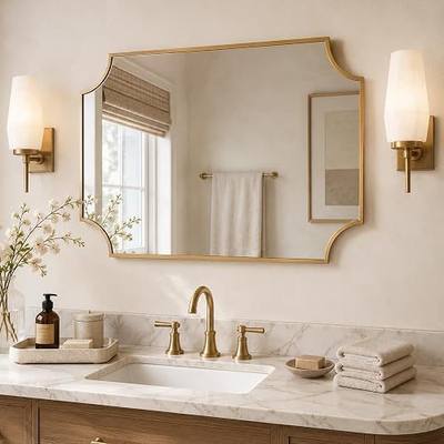 Antique Gold Scalloped Rectangle Wall Mirror, 30x40 Inch | Iron frame, tempered glass, vertical or horizontal keyhole mount, for soft glam vanity decor