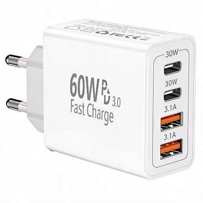 European Travel Plug Adapter, 60W 4-Port (2 USB-C & 2 USB-A) Fast Charger, USA to Europe Power Adapter Plug, Type C Wall Charging Block for iPhone 17 16 15 14 Pro Max, Galaxy, Android