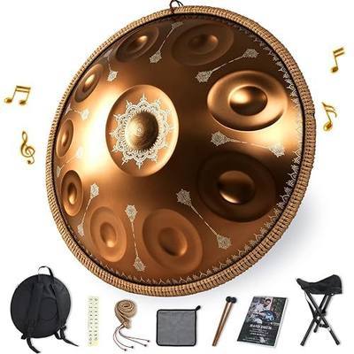 Handpan Drum 22 Inch, 10 Notes Laser Engraved Hand Drum Instrument, 432Hz D Minor Kurd Premium Steel Hand Pan Drum for Adults, Complete Kit Includes Carrying Case, Stand, User Manual (Deep Golden)