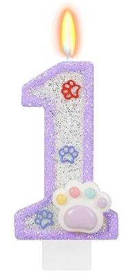 Purple Glitter Border Dog Cat Paw Number 1 Candle, Pet Paw Birthday Cake Topper for Party Decorations