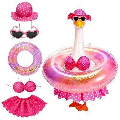 Hawaiian Porch Goose Outfit, Summer Bikini Costume with Sunglasses & Wreath, Fits 23" Goose Statue, Garden Lawn Patio Yard Outdoor Decoration (Pink)