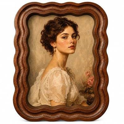 Vintage 5x7 Picture Frame, Wooden Picture Frames, Scalloped Photo Frame with Glass, Wavy Edge for Wall & Tabletop Display, Horizontal Vertical Rustic MCM Home Decor, Gift for Mom Anniversaries