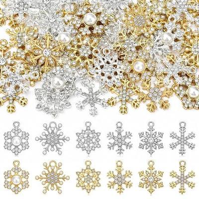 Landical 50 Pcs Winter Snowflake Charms for Jewelry Making Pendant Assorted Alloy Cubic Snowflake Charms Rhinestone Christmas DIY Necklace Bracelet Jewelry Craft Supply(Silver Gold, Cute)