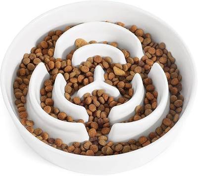 Ceramic Slow Feeder Dog Bowls 1.6 Cups for Medium & Small Fast Eaters,White | Reduces Bloating,8.07x1.77 Inch Dish For Daily Dog Meals, Maze Puzzle Slows Down Eating, Anti-Choking,20oz Water