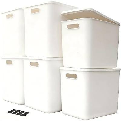 6 Piece Plastic Storage Baskets Boxes with Lids,14.4×10.2×11.8 Inch Stackable Organizing Bins with Handles,White Versatile Containers for Pantry,Bathroom,Closet Shelves Desktop (White, 4XXL+2XL)