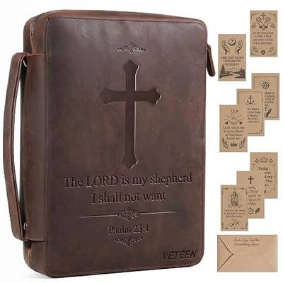Leather Bible Cover for Men, Large Bible Case Carrying Bag with Cross Embossed Design, Premium Crazy Horse Leather Christian Religious Gift for Father Pastor (Fits 10-11 inch Bibles)