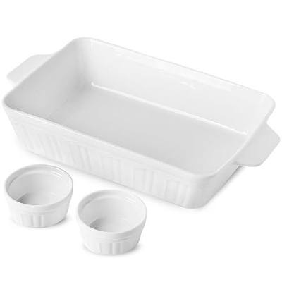 9x13 White Porcelain Casserole Dish Set with 2 x 6 oz Ramekins– 4.2 Quarts Baking Pan with Handles, Ceramic Lasagna Pan, Oven & Roasting Pan Safe, Perfect Baking Dishes for Oven, Casserole Dishes, and Home Cooking