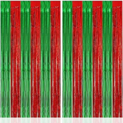 2 Pack Fringe Curtains Backdrops, Foil Fringe Curtains, Door Streamers for Birthday Wedding Bridal Shower Holiday Graduation Party Decorations Red Green