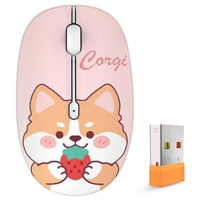 FMOUSE Cute Wireless Mouse, Bluetooth & 2.4GHz Dual Mode with USB Receiver, Silent Click, AA Battery Powered, for Kids Students Teen Girls, Compatible with Laptop Mac iPad PC (Strawberry Corgi)