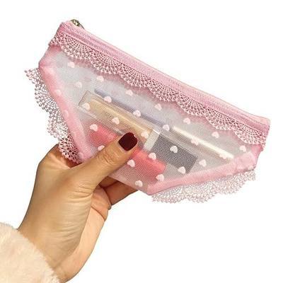 Lace Mesh Transparent Triangle Mini Makeup Pouch with Heart Pattern, Pink
