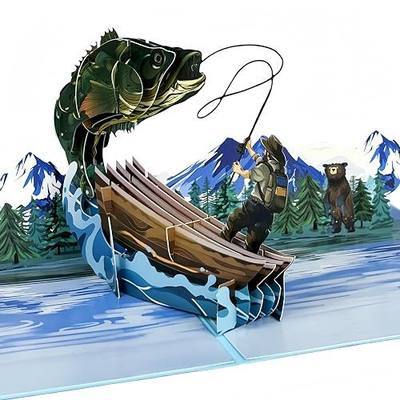 3D Pop Up Fishing Card, Fisherman Greeting Card for Men | Nature Style, Blank Message Card, Glitter Envelope, Golden Sticker, Sturdy Packaging