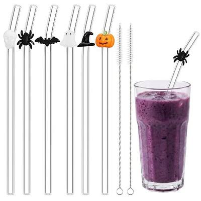 Meanplan 6 Pcs Halloween Glass Straws Reusable Shatter Resistant Spider Ghost Pumpkin Bat Witch Hat Skull Drinking Glass Straws with Design and 2 Cleaning Brush for Holiday Drinks Cocktail Beverages