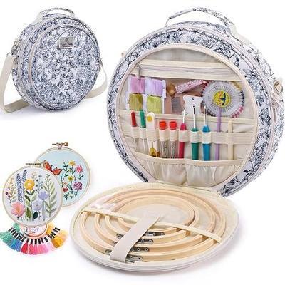 MYBAGZING Round Embroidery Hoop Storage(Empty), Embroidery Bag for Hoops up to 11", Floss, Thread & Stitch Tools, Portable Cross Stitch Carrying Case with Multiple Pockets