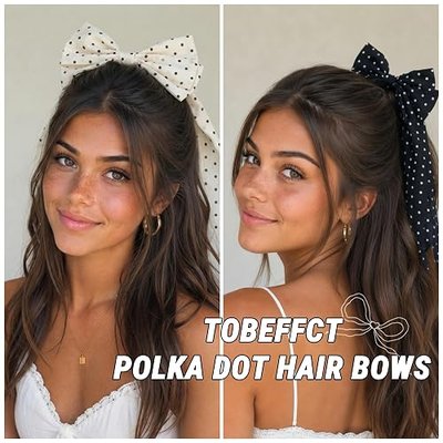 Polka Dot Hair Bows for Women Girls Large Ribbon Bow Cute Hair Accessories | Big Satin Bows Hair Clips with Long Tail, Elegant Bows Accessories for Coquette Style and Daily Wear, 2 Pack 