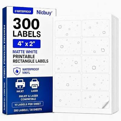 300 Pcs Rectangle Labels 4" x 2" Matte White Printable Bottle Labels Waterproof Vinyl Sticker Labels Inkjet or Laser Printer Compatible (300)