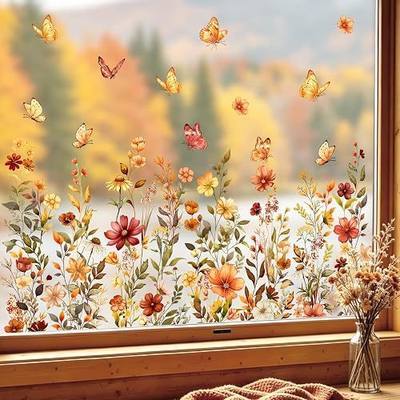 Tanlaby Fall Wildflower Window Clings Autumn Wild Flower Window Stickers Reusable Floral Butterflies Static Decals for Harvest Thanksgiving Party Home Classroom Office School Decor
