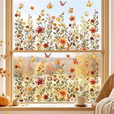 Tanlaby 2 Sets Autumn Wildflower Window Clings Wild Flower Fall Window Stickers Reusable Floral Butterflies Static Decals for Harvest Thanksgiving Party Home Classroom Office School Decor