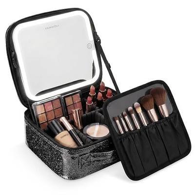 Fanwoli Makeup Bag with Detachable 4K LED Mirror, 3 Light Modes | Angle-Adjust Stand|3H Runtime|Type-C Charging|Adjustable Dividers|Brush Board|Waterproof Glitter|Competition Travel Ready