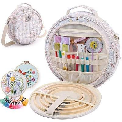 MYBAGZING Round Embroidery Hoop Storage(Empty), Embroidery Bag for Hoops up to 11", Floss, Thread & Stitch Tools, Portable Cross Stitch Carrying Case with Multiple Pockets