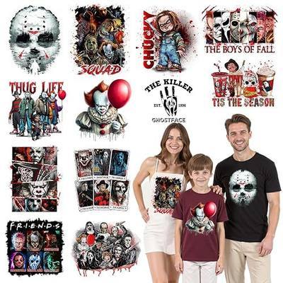 12 PCS Halloween DTF Transfers Ready to Press Iron on Transfers for T-Shirts, Horror Movie Iron on Patches for Halloween Shirt Halloween Clothes DIY Craft, Iron on Decals Heat Transfer Vinyl Stickers