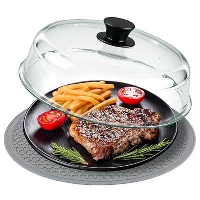 Microwave Splatter Cover & Silicone Place Mat, 10" Glass Splatter Guard Lid | Microwave Plate Cover for Food with Easy Grip Silicone Handle, Food Grade Borosilicate Glass, BPA Free, No Plastic