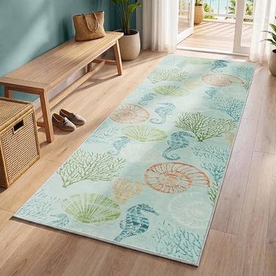 Tribesigns Boho Coastal 2x6 Washable Hallway Runner Rug, Green/Coral | Machine Washable, Non-Slip Backing with 4 Rug Tape, Soft Ultra-Thin Low Pile, for Ocean Beach Entryway Kitchen Office Decor