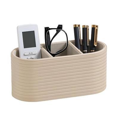Remote Control Holder, Oval Pen Holder for Desk, Beige | 3-Compartment Desk Caddy for Remotes, Glasses, Pens, PU Leather Small Desk Organizer for Nightstand, Coffee Table, Office