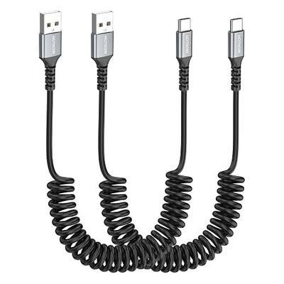 Coiled USB C Cable for Car 2 Pack(1FT to 2FT), USB A to USB C Cable | Stretchable USB C Car Cable, Tangle-Free USB to USB C Cable,Fast Charging,Data Sync for iPhone 17, Galaxy S25, USB-C Devices
