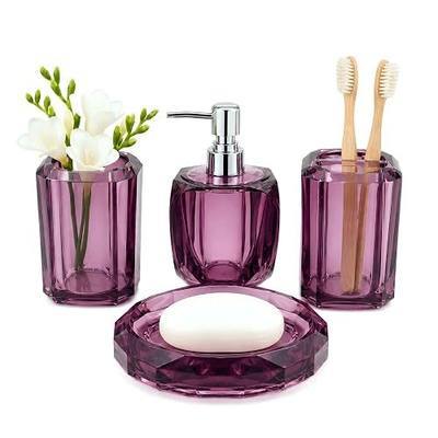 LGURT 4-Pc Lavender Bathroom Accessories Set, Facet Heart Soap Dispenser | Acrylic heart-shaped lavender 4-pc bathroom set, pastel vanity decor with soap dispenser