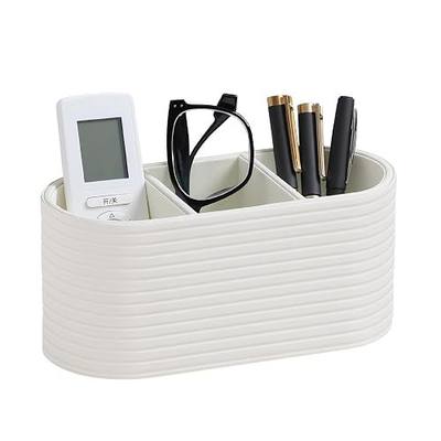 Remote Control Holder, Oval Pen Holder for Desk, Ivory | 3-Compartment Desk Caddy for Remotes, Glasses, Pens, PU Leather Small Desk Organizer for Nightstand, Coffee Table, Office