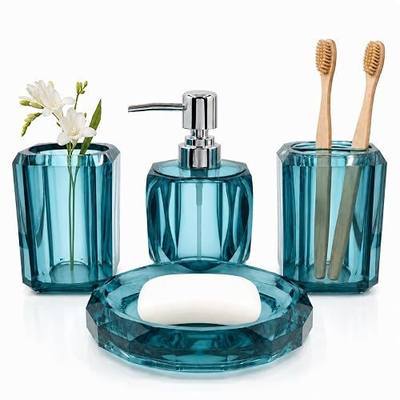 LGURT 4pc Heart-Shaped Teal Acrylic Bathroom Accessories Set | soap dispenser, toothbrush holder, soap dish, cup set. Jewel-tone vanity decor. Gift-ready for housewarming, bridal dorms.