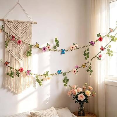 Paper Jazz Wildflower Garland with Butterfly & Vine for Wedding Baby Shower | 2pc wildflower garland, fake butterfly & vine, hanging floral backdrop,for spring tea party,wedding, garden,home decor.