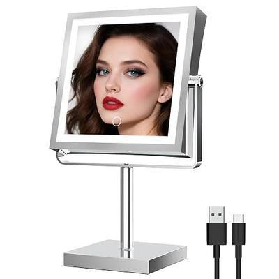 Ruacq Makeup Mirror with Lights 1X/7X Height Adjustable Chrome | 8",4000mAh Rechargeable,Dual Sided Magnifying Vanity Mirror,3 Color Lights,Adjustable Brightness,Square,Gift for Women
