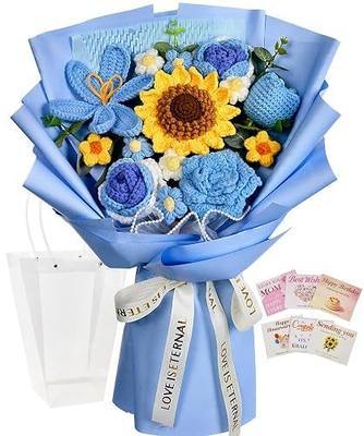 Crochet Flower Bouquet, Sunflower Rose Tulip Flowers, Blue | A Handmade Knitted Flower Gift for Mom, Dad, Friends and Teachers on Mother's Day, Father's Day, Birthdays and Graduation