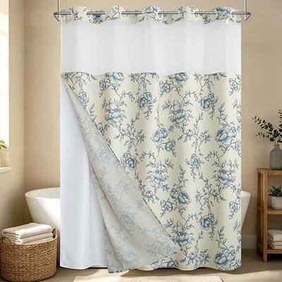 No Hook Linen Texture Shower Curtain with Snap in Liner, Boho Vintage Blue Floral Shower Curtain, Modern Farmhouse Bathroom Decor Set, Waterproof Fabric, Mesh Top Window, Tan Taupe, 72 x 75