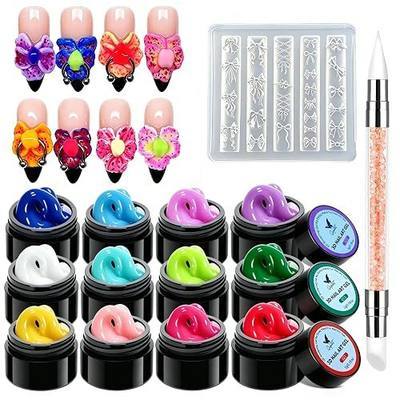 12-Color 3D Nail Gel Kit with Sculpting Pen, UV Soak-Off Carving Gel | Non-Sticky Sculpting Gel, DIY Carving Painting Molding