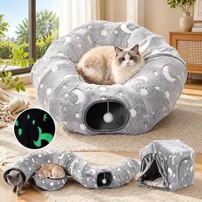 4-In-1 Cat Tunnel with Cube House, Night-Luminous Cat Play Tunnel House with Dual Peek Holes, Large Pocket, Hideout Cat Toys with Tunnel & House, Cat Furniture Tent for Playing, Hiding & Lounging Grey