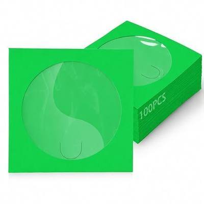 CD Sleeve Cases, CD/DVD Paper Media Sleeve Envelopes, 100 Pack Clear Window and Rear Flap, 120GSM 5 Inch Green