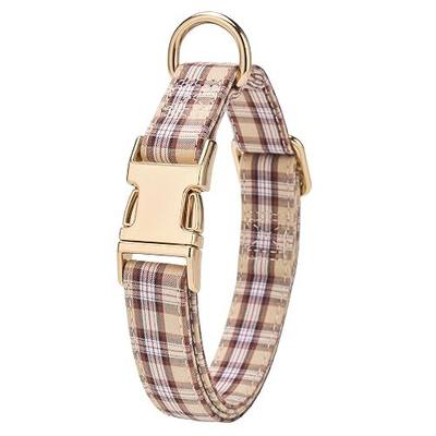 Soft Cotton Dog Collar Classic Plaid Pet Collars with Metal Clasp for Medium Dogs with Sensitive Skin, Camel Brown