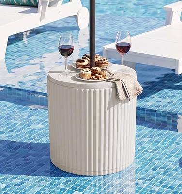 SERWALL Outdoor Round Umbrella Side Table, 3-in-1 Ice Bucket & Side Table & Storage Box, Multi-Functional Use for Porch/Patio/Poolside, Beige