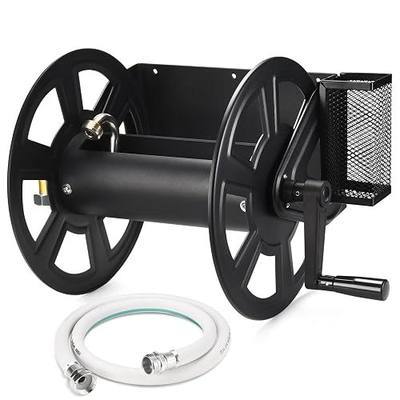 AugFir Garden Wall Mounted Hose Reel, Metal Hose Reel, Holds 125ft of 5/8-Inch Hose(Not equipped), Equipped with 3.9ft Water Supply Hose and Small Storage Basket, Suitable for Gardens & Yards (Black)