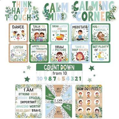 Calming Corner Posters Bulletin Board Sets Calm Down Corner Supplies Green Pastel Classroom Wall Decor Coping Skill Feelings Emotions Chart for Preschool Elementary Classroom Decorations