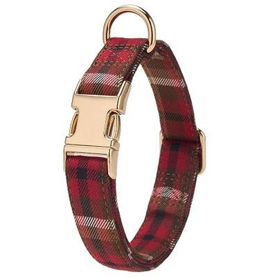 Soft Cotton Dog Collar Classic Plaid Pet Collars with Metal Clasp for Large Dogs with Sensitive Skin, Vintage Red
