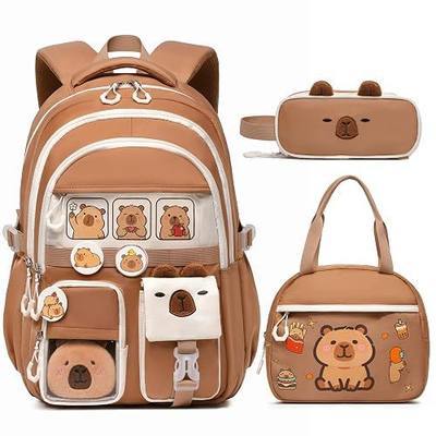 Scothen 3PCS Capybara Backpack Set for Girls, Kapybara Bookbag with Lunch Box & Pencil Pouch for Girls, Kids Schoolbag for Kindergarten Elementary School, Kawaii Gifts for Teen Girl Student Children