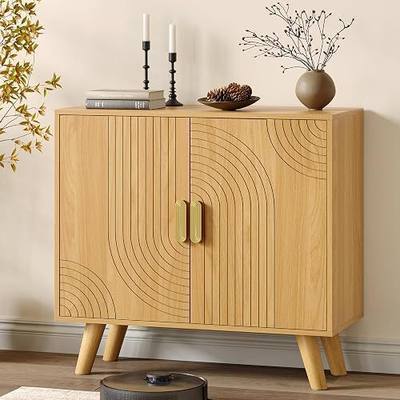 Sideboard Buffet Cabinet with Storage, Line-Grooved Storage Cabinet, Oak | Accent Cabinet with Doors and Adjustable Shelf for Kitchen Dining Living Room Hallway Entryway
