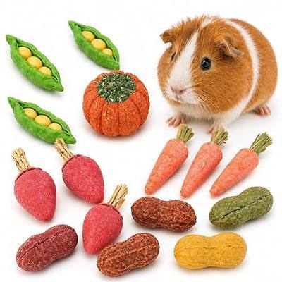 HERCOCCI 15Pcs Guinea Pig Chew Toys, Hamster Toys Prevent Excessive Teeth Growth Natural Vegetables Carrot & Timothy Grass for Guinea Pig Rabbit Chinchillas Gerbil