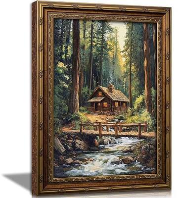 Vintage Gold Framed Forest Wall Art, Retro Mountain Woods Cottage Oli Painting Canvas Print, Antique Log Cabin Picture Wall Decor, Rustic Farmhouse Stream Poster Artwork for Bedroom Living Room