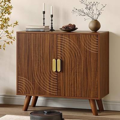 Sideboard Buffet Cabinet with Storage, Line-Grooved Storage Cabinet, Walnut | Accent Cabinet with Doors and Adjustable Shelf for Kitchen Dining Living Room Hallway Entryway