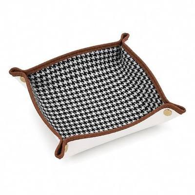 Houndstooth Valet Tray, Woven Fabric & Faux Leather Catch-All Tray for Entryway Table Key, Watch, Coins, Portable EDC Travel Jewelry Storage Tray, Stylish Home Office Decor Gift, Caramel